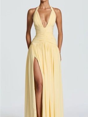 Plunging Halter Maxi Dress in Pale Yellow